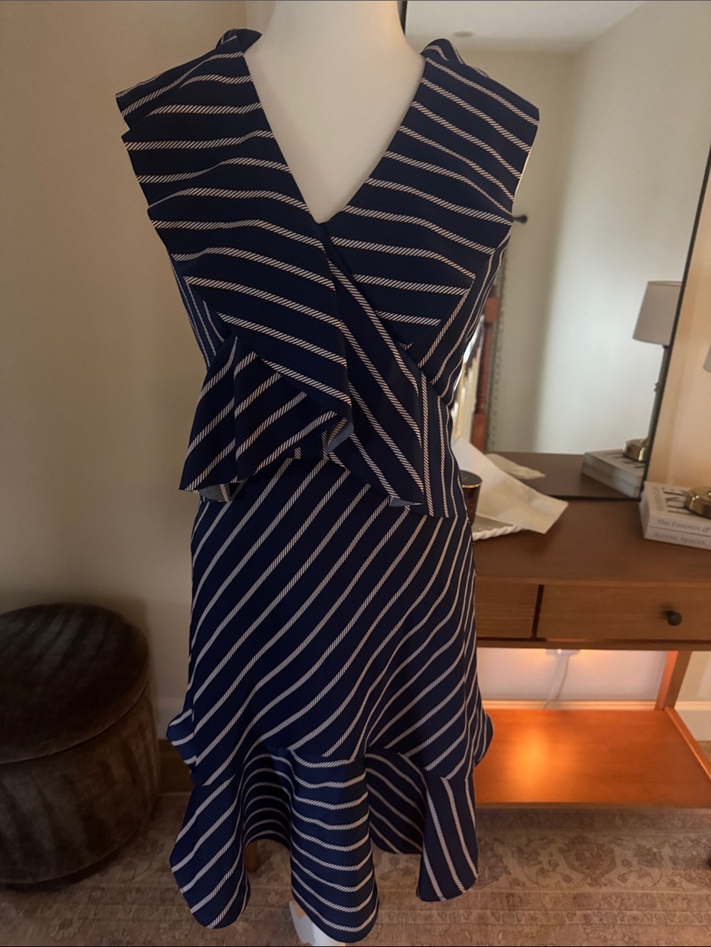 Banana Republic Navy and White Striped Ruffle Midi Dress
